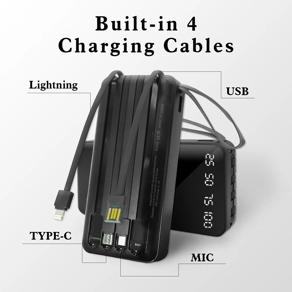 20000mAh Power Bank Portable Charger Backup LED Digital Display External Battery 4in1 Cable Mobile Power 2
