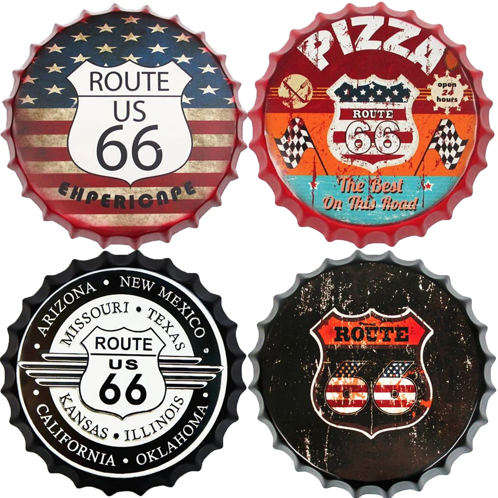 

Route 66 Vintage Beer Bottle Cap Retro Plaque Capsule Metal Tin Signs Poster Room Bar Wall Decoration Round Metal Poster