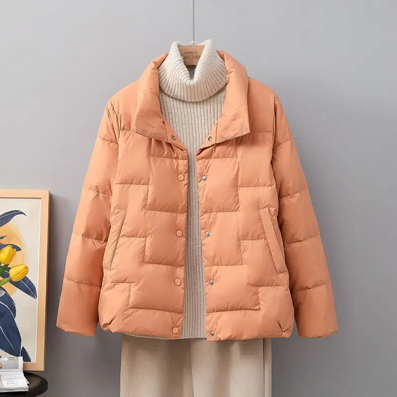 

2924 Женская короткая тонкая и свободная пуховая куртка с воротником-стойкой