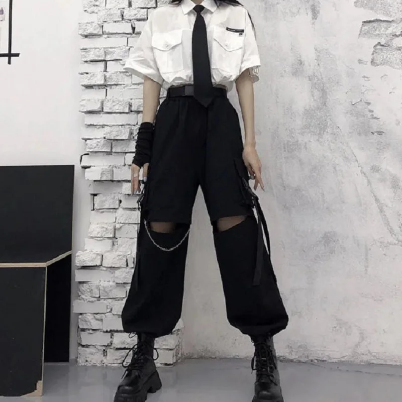 Tanie Jesień moda Cargo spodnie damskie Gothic Punk czarne szerokie nogawki