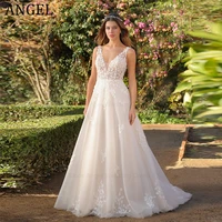 ANGEL A-Line V-Neck Wedding Dresses 2024 New Sleeveless Tulle Bridal Gown Leaves Applique Zipper Sexy Illusion Vestidos de Novia 1