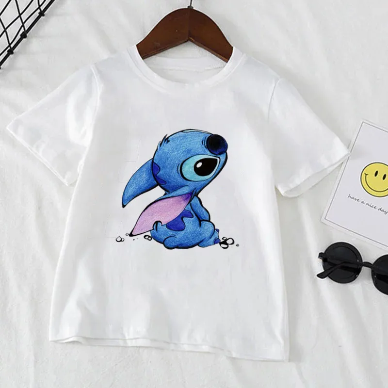 Kawaii Disney Stitch Boy Girl Clothes Cartoon T Shirt For Child T-Shirt White Short Sleeve Graphic Kid Tee 5