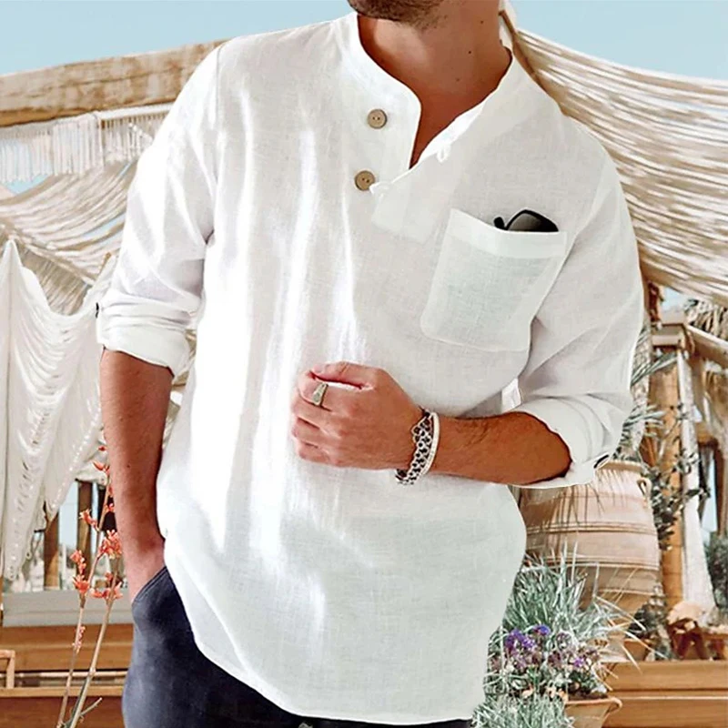 

Cotton Linen Tops Men Vintage Loose Crew Neck Buttoned Pullover Shirts For Mens Leisure Long Sleeve Solid Color Shirt Streetwear