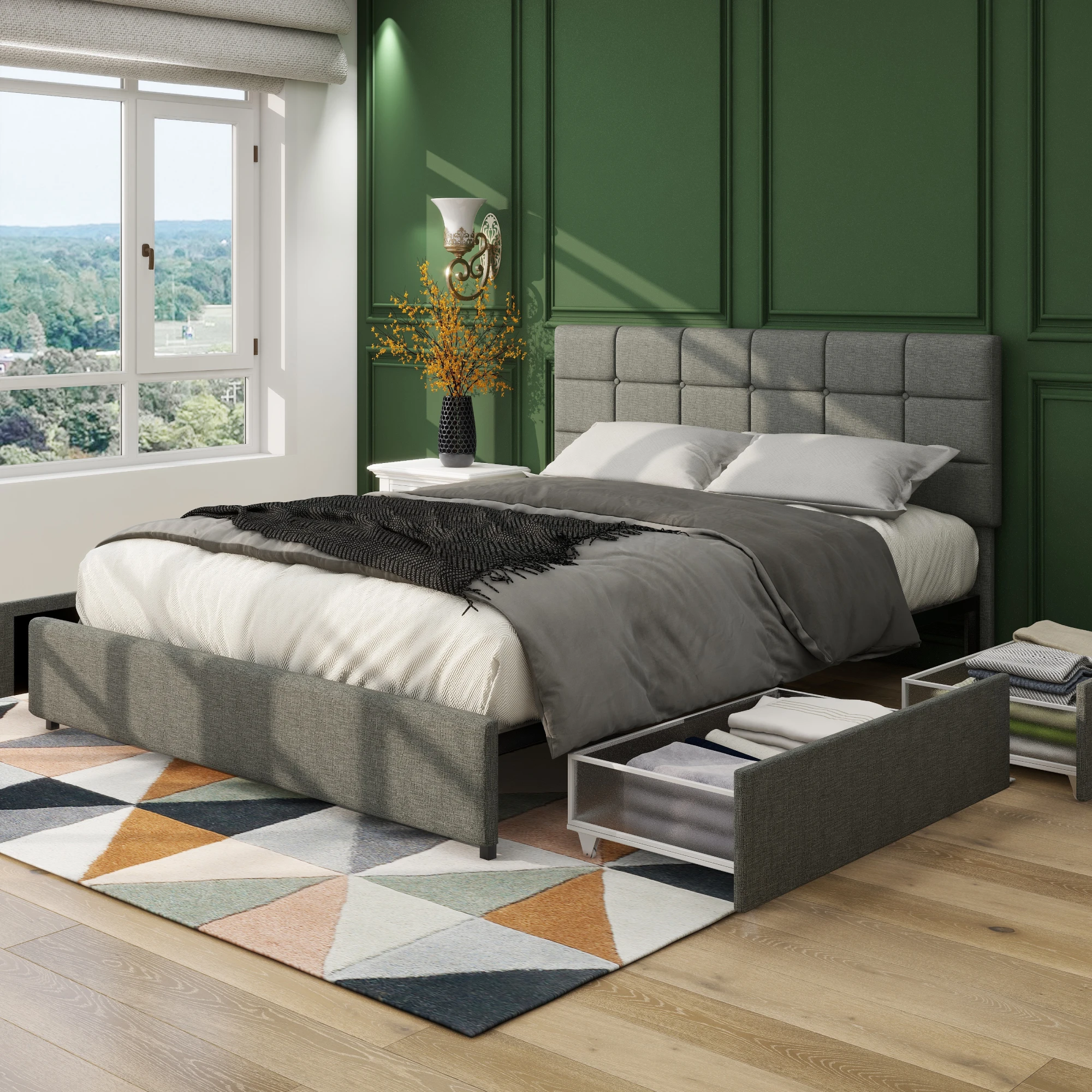 

Vera Queen/Full Size Gray Linen Upholstered Platform Bed W/Patented 4 Drawers Storage, Square Stitched Button Tufted Headboard
