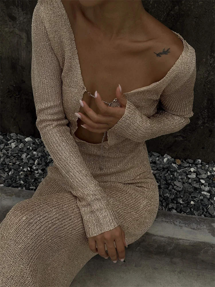 Conjunto de dos piezas de verano con aberturas y falda larga para mujer, ropa de playa holgada y transparente con parches, atuendos femeninos 2025