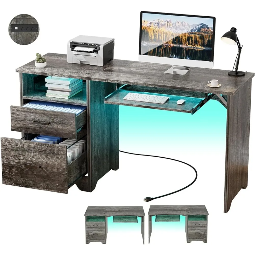 Reversible Office Desk With File Cabinet 55 Inch Computer Desk With Smart LED Light and Power Outlet Reading Freight free lokmat appllp max 2 88 inch full touch 4g smart watch 4gb 64gb