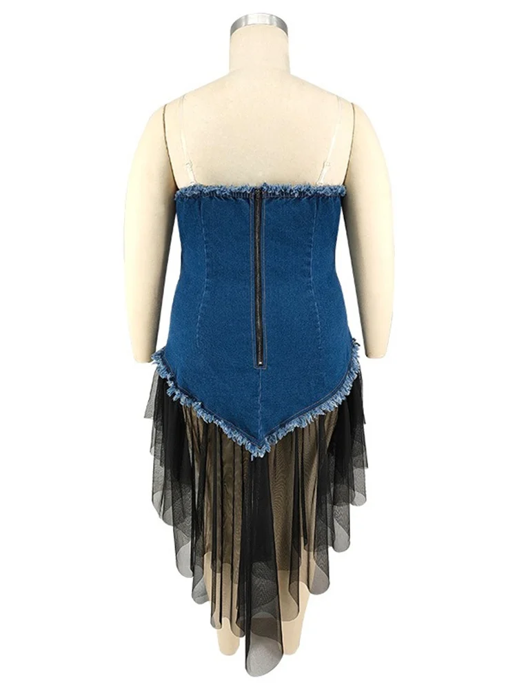 Wmstar Plus Size Denim Dresses for Women Summer Solid Sleeveless Fashion Casual Mesh Patchwork Maxi Dress Wholesale Dropshipping