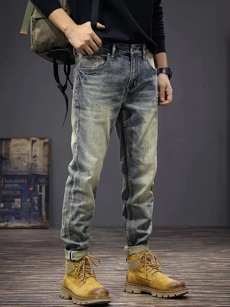 Newly Fashion Designer Men Jeans Retro Blue Elastic Stretch Slim Fit Ripped Jeans Men Trousers Vintage Casual Denim Pants Hombre