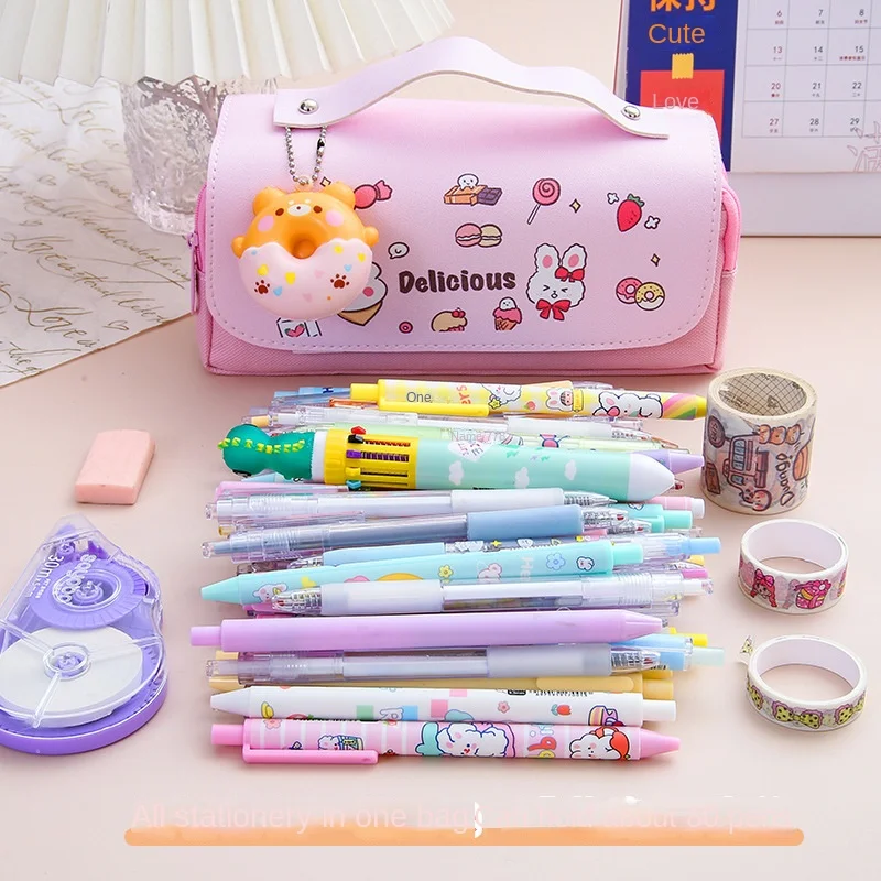 

Newstyle Stationery Box Pencil Case Pencil Bag Primary School Girl's Heart Double-Layer Canvas Fresh