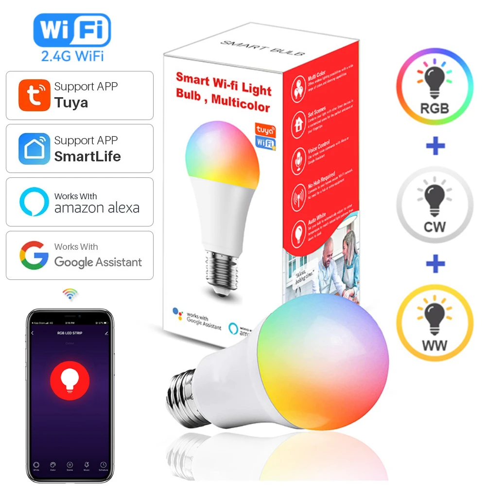 Tuya WiFi E27 Smart Bulb LED Lights RGB CW WW Dimmable Lamp Music Light Work with Alexa Google Home Smart Life Remote Control 