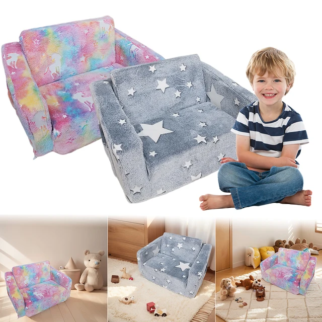 Comfy Toddler Chair Folding Out 2-in-1 Toddler Soft Couch Fold Out Glow in Dark Convertible Plush Foam Chair for Girls and Boys