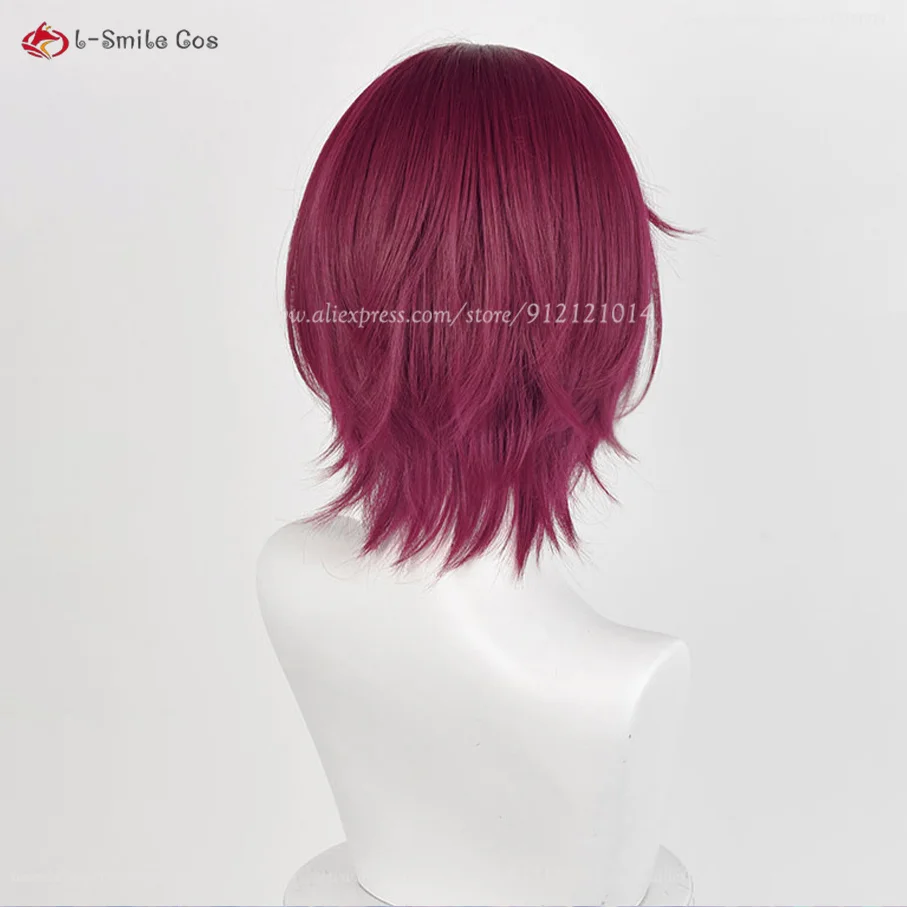 애니메이션 린 마츠오카 코스프레 두피 가발, 다크 로즈 레드, 33cm 짧은 가발, 내열성 합성 머리, 할로윈 유니섹스 가발, 가발 모자