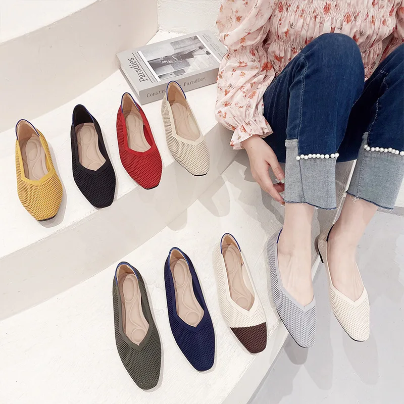 

2023 New SpringSummer Square Head Shallow Knitted Woven Women's ShoesForeign Trade Flat Bottom Casual Shoes Fashion Single Shoes
