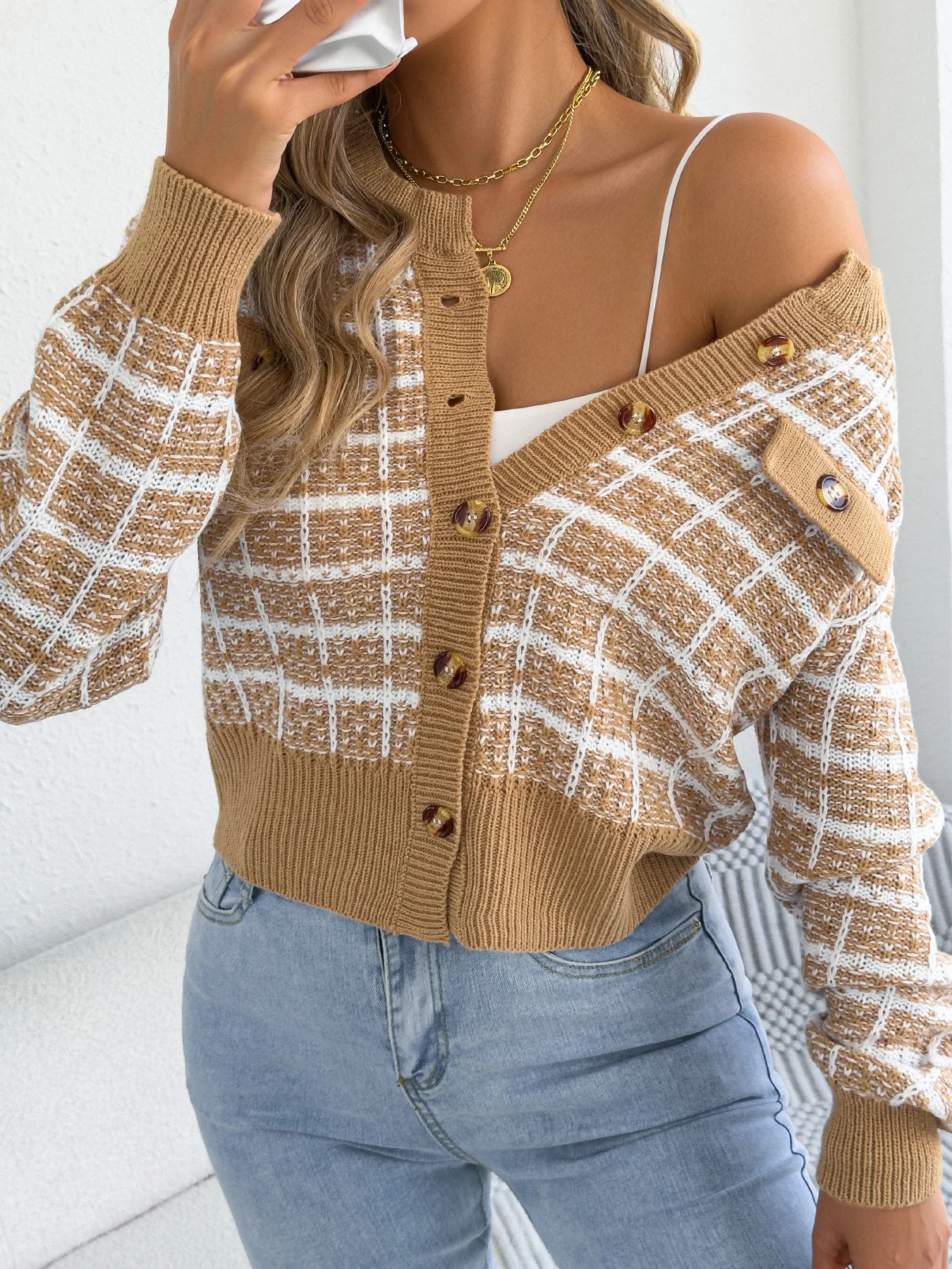 Women Plaid Knitted Cardigan Sweater Autumn Winter