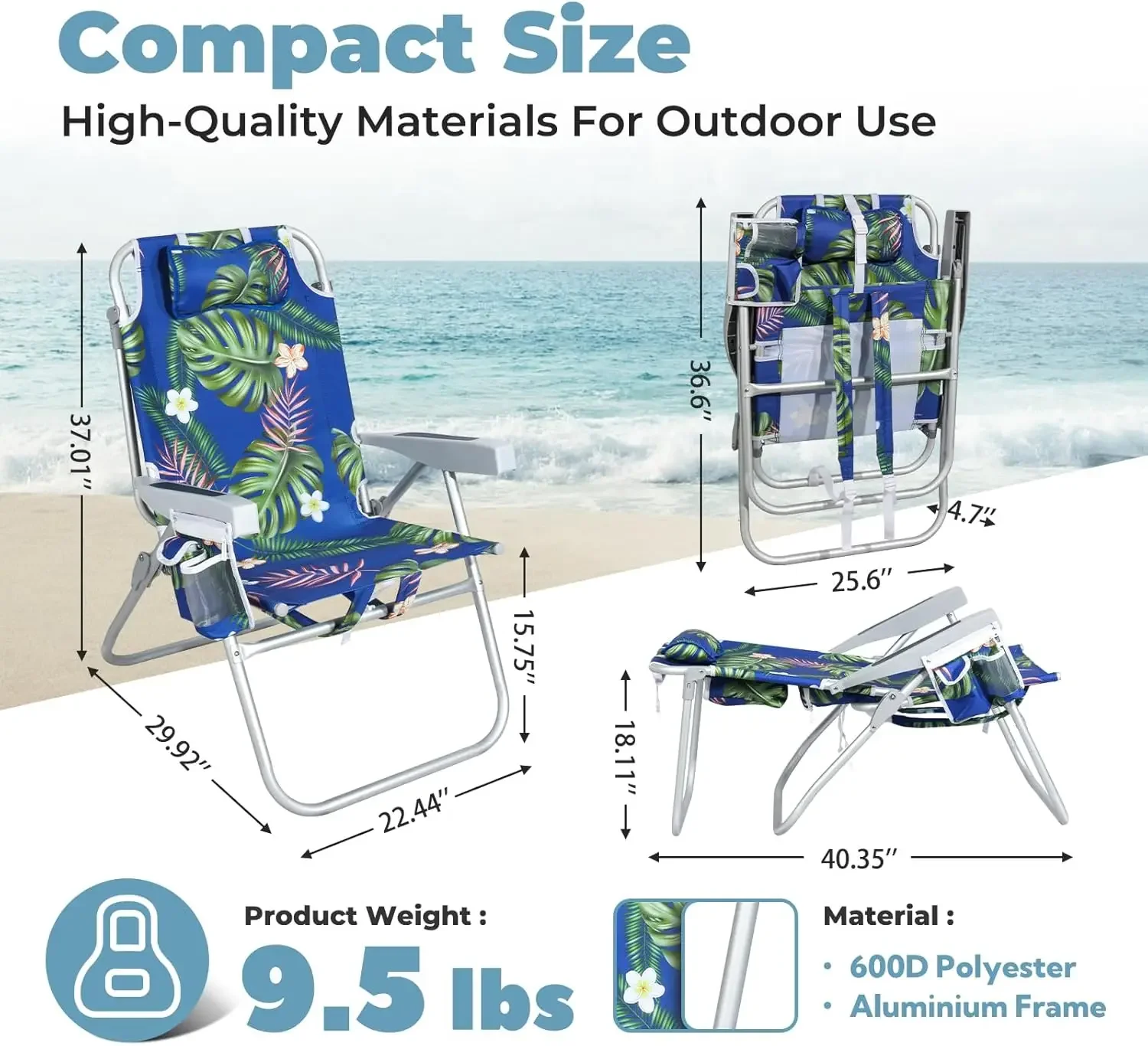 Tall Beach Chairs for Adults – 5-Position Reclining Backpack Chair with Large Insulated Cooler, Portable Beach Chair, 2 Pack