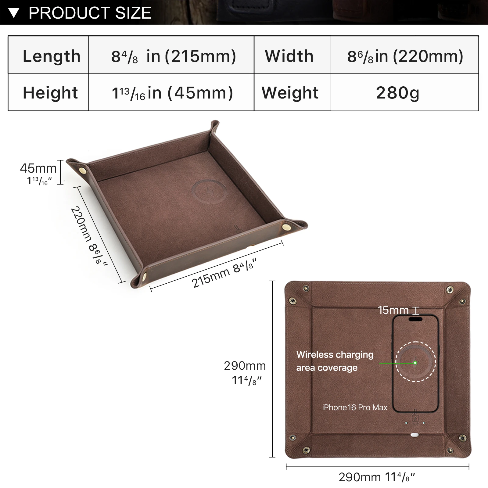 Creative Genuine Leather Valet Tray with Wireless Charging for Phone Key Coin Pen Desktop Storage Sundries Case Box Ornaments