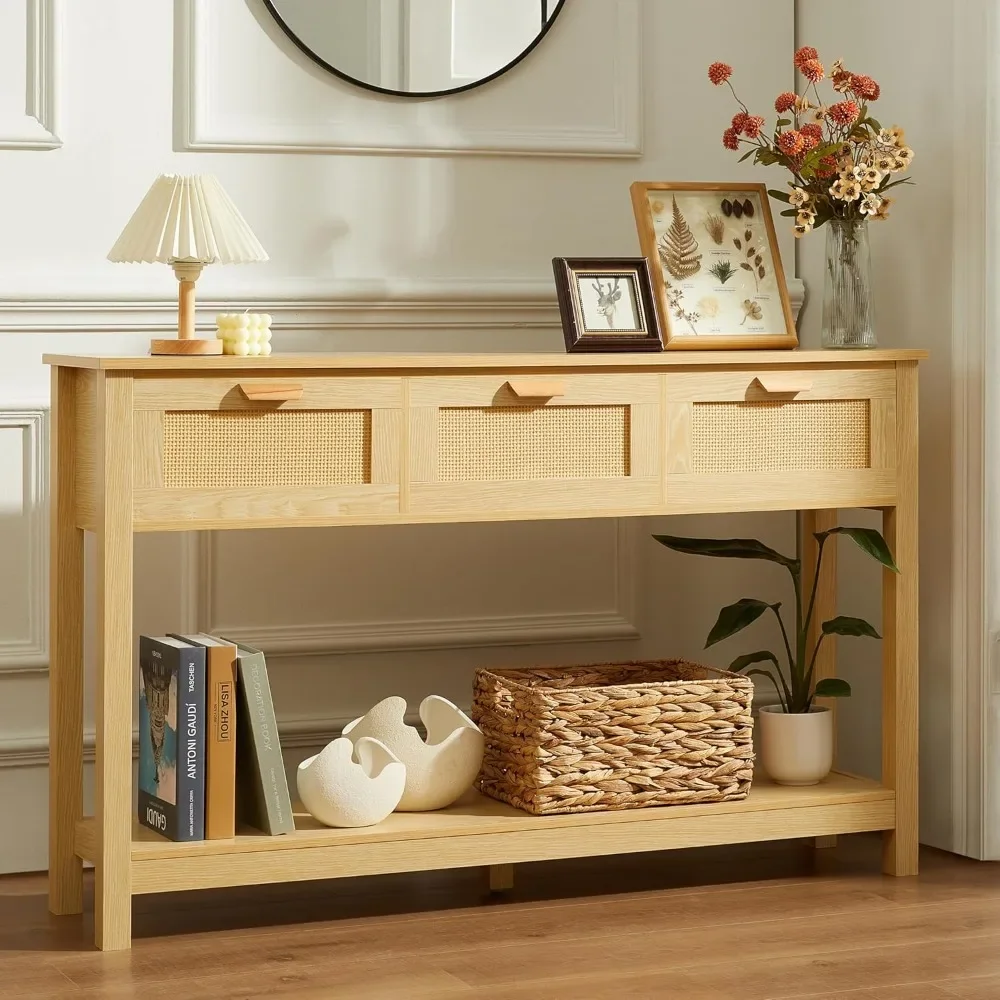 Rattan Console Table, Boho Entryway Table with Storage, Narrow Long Sofa Table with Open Shelf 3