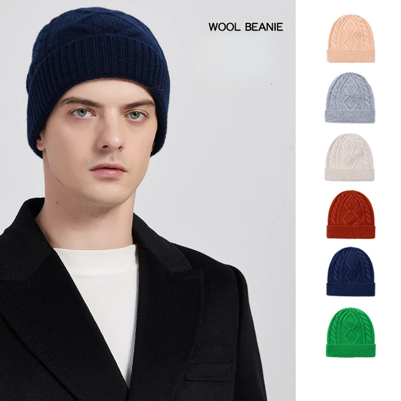 

100% Merino Wool Men Women Winter Warm Beanies Casual Short Thread Hip Hop Hat Adult Men Female Wool Knitted Skull Cap Elastic