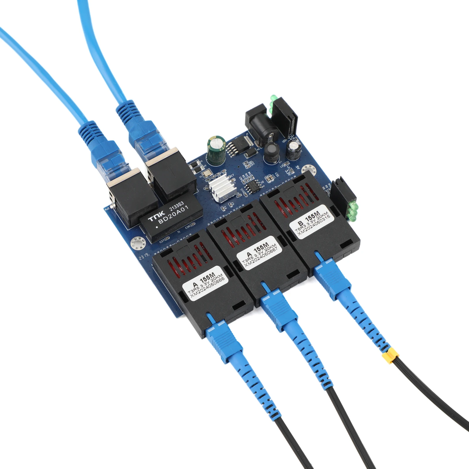 1*10M/100M Fiber Optic Media Converter 2 RJ45 to 3 SC 2A+1B Optic Connector 1310nm/1550nm Ports PCBA Board 20KM Ethernet Switch