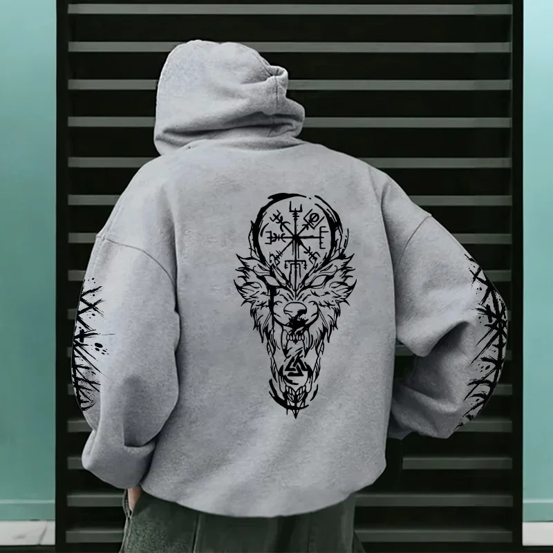 Mens Norse Raven Wolf Hooded Sweatshirt Winter Casual