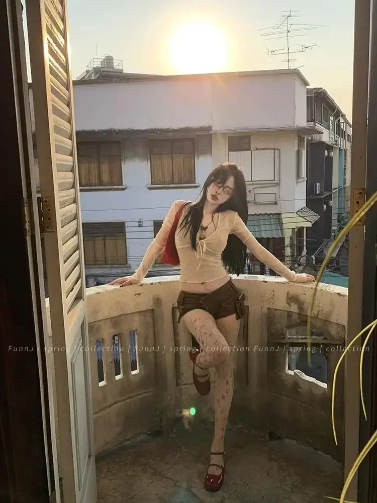 Korean Fashion Crop Top y2k Aesthetic Sweet Lace Patchwork Long Sleeve T Shirt with Bow 2000s Women Clothes Streetwear