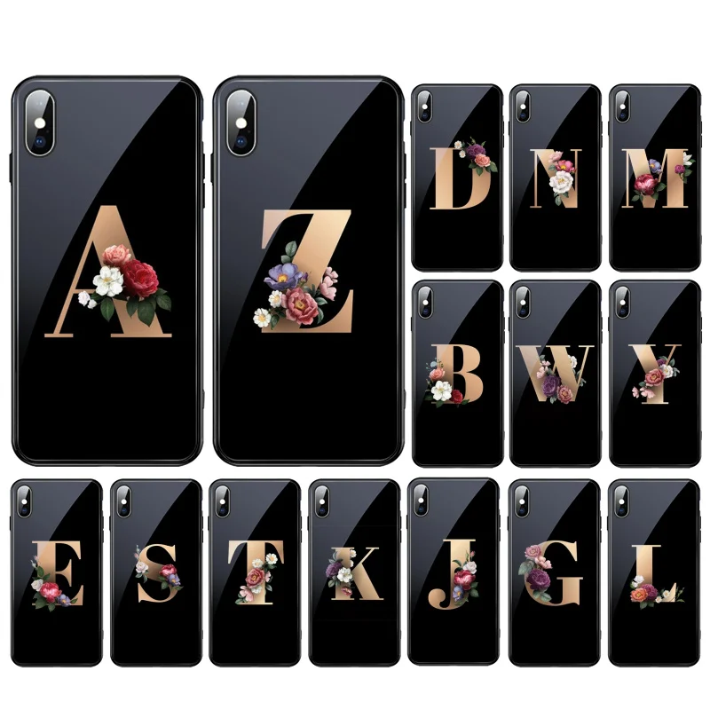 

Gold Peony Flower Letter Monogram Glass phone case For iphone 15 14 13 Pro Max 12 11 Pro Max XS Mobile Phone Case Funda