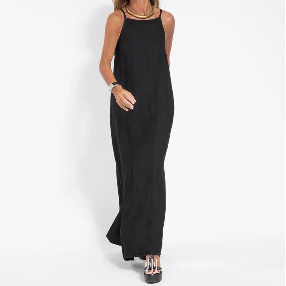 Women Cotton linen Side Split Long Slip Dress Summer Lady Strapless Solid Color Holiday Party Dresses FYY-10080 2
