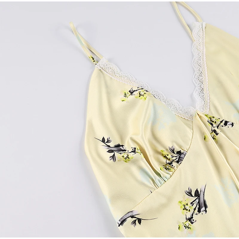 Damen Maxikleid mit Blumenmuster, Spitzeneinsatz, V-Ausschnitt, Schnürung, ärmellos, Freizeitkleid 2026, Urlaub, Streetwear, Damenrobe – Detail 2