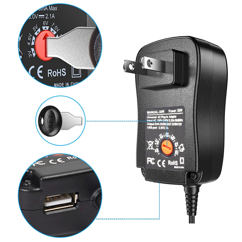 Power Adapter 30W Universal Adjustable AC To DC Plug 3V 4.5V 5V 6V 7.5V 9V 12V 2A 2.5A 2500mA Reverse polarity