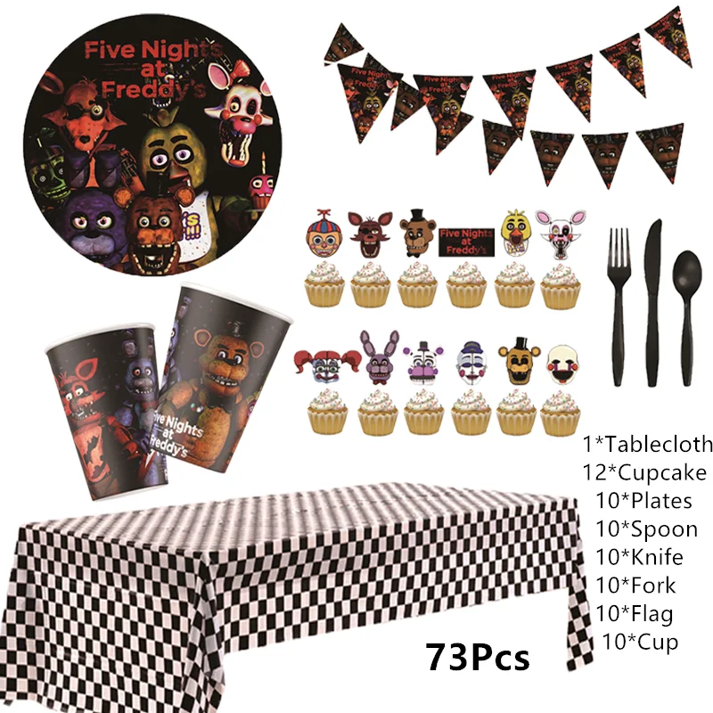 51pcs Five Nights Party Supplies Set - Include Happy Birthday Banner, Cake  Topper, Cupcake Toppers, Balloons and Tablecloth, for Kids Birthday