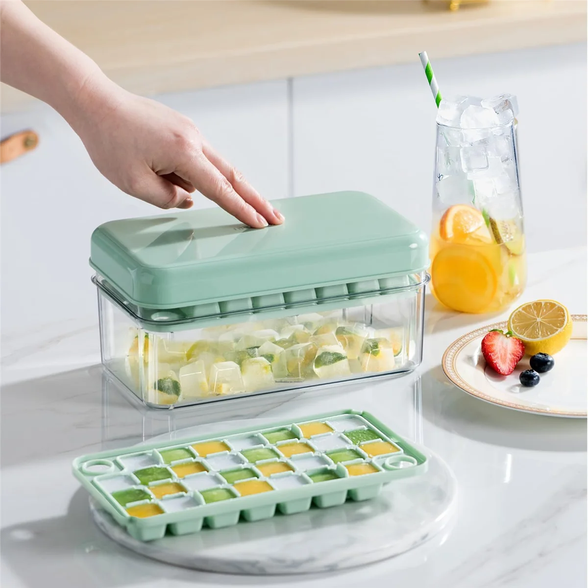 Ice Cube Tray with Lid Ice Trays for Freezer Maker Mold with Container 60 Trays Easy-Release Green