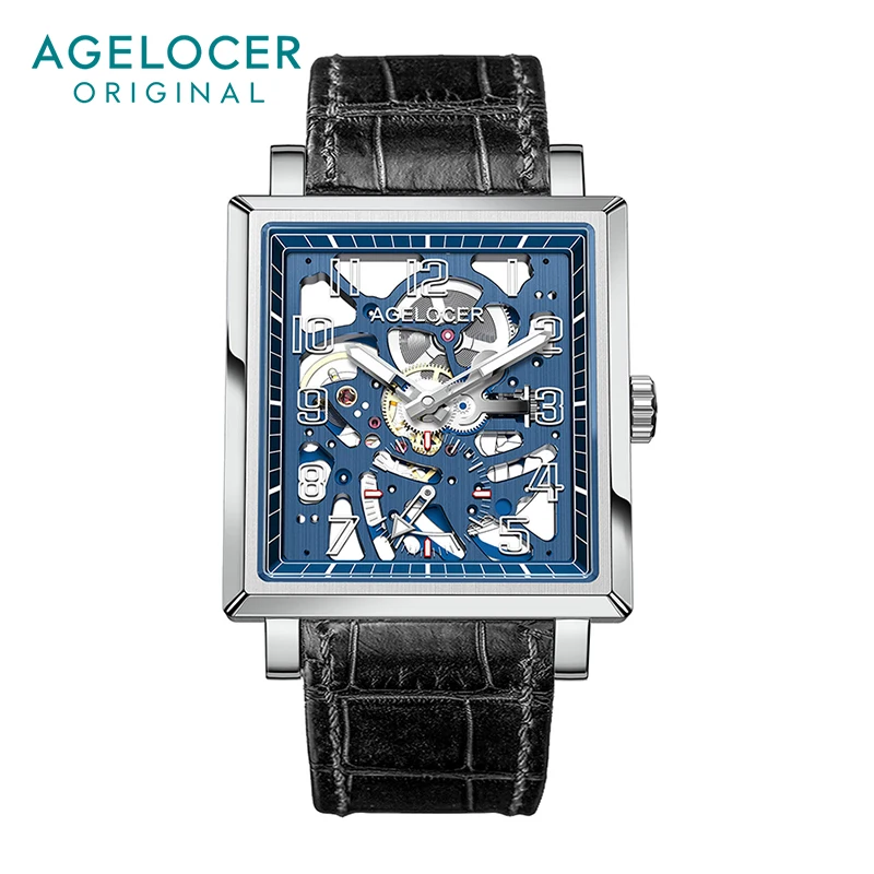 AGELOCER Men's Square Double Sided Hollow Black Skeleton Automatic Mechanical Stainless Steel Luminous Analog Dress Watch