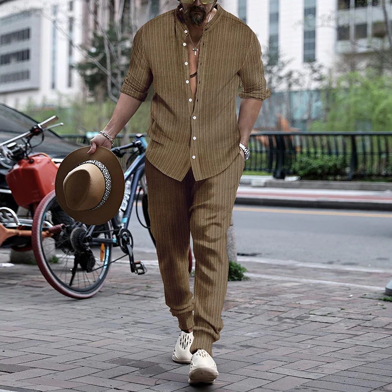 

Fall Casual Mens Two Piece Sets Long Sleeve Button Stand Collar Shirts and Pants Outfits Suits Men Vintage Striped Printed Sets