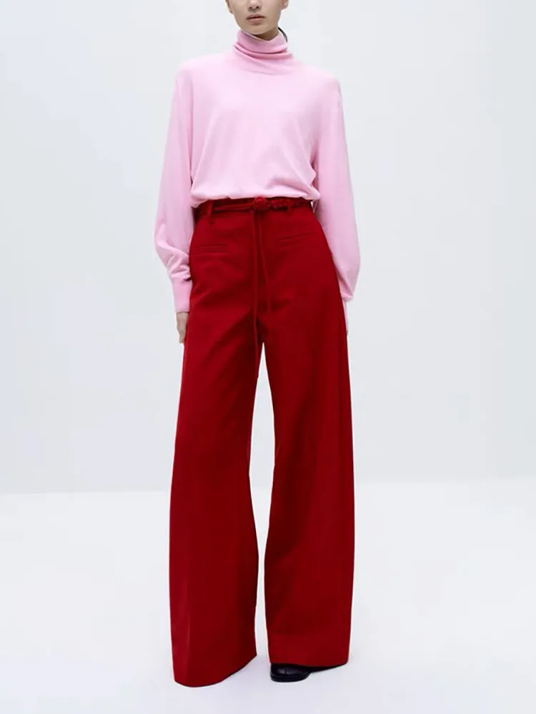 

y2k fall and winter Chinese waist rope pressed pleated stitching high waist Women's pants2023 loose straight wide leg Trousers