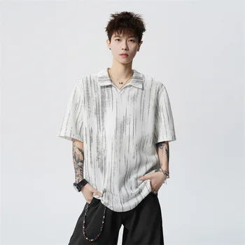 Polo Uomo Estivo 2026 Casual Tie-dye Jacquard in Maglia, Stile Y2K Vintage, a Maniche Corte, con Texture Waffle, Vestibilità Ampia, Streetwear