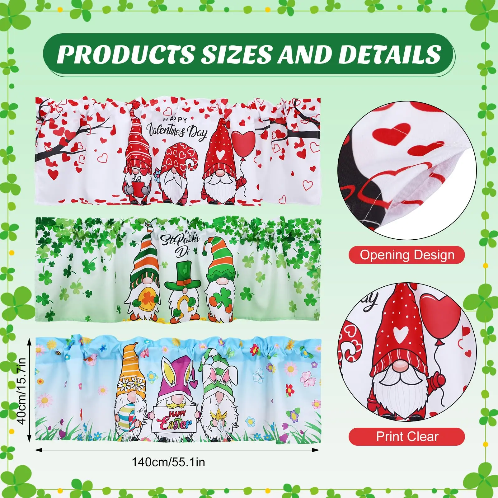 3 Pack Valentine's Day Gnomes Windows Valances St. Patrick's Day Easter Window Toppers Valances for Kitchen Bedroom Living Room 3