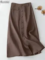 ZANZEA  Elegant Cotton Midi Skirts Casual Button Up A-line Skirt Women High Waist Jupe 2024 Summer Solid Temperament Falda Mujer - Image 3
