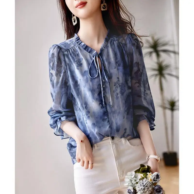 Chiffon Shirt 2023 Spring New Elegant Vintage V-neck Long Sleeves Lace-up Loose Slim Office Lady Basic Casual Printing Top summer printing jumpsuit romper for women fashion dolman sleeves v neck lace up high waist loose wide legs jumpsuits streetwear