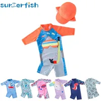 2024 baby boys girls swimwear with cap surfing Wear  swimming suit infant toddler kids children Sunscreen beach bathing Suit 1