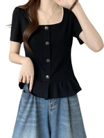 plus Size Women's irt Square Collar ort Sve Belly Covering Summer Top Commute Sle Pear Body pe Regular Fit Single ...