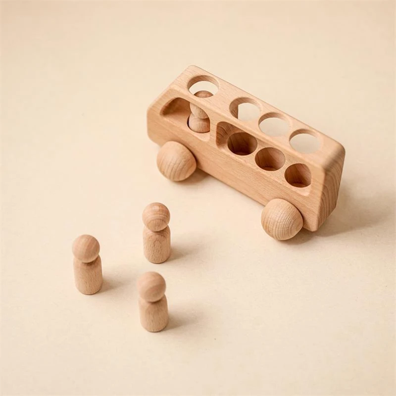 A49K-Outdoor Wooden Bus Game Kit Baby Wooden Bus Educational Blocks Natural Wood Car Little Doll Teething Toys Birthday Gifts