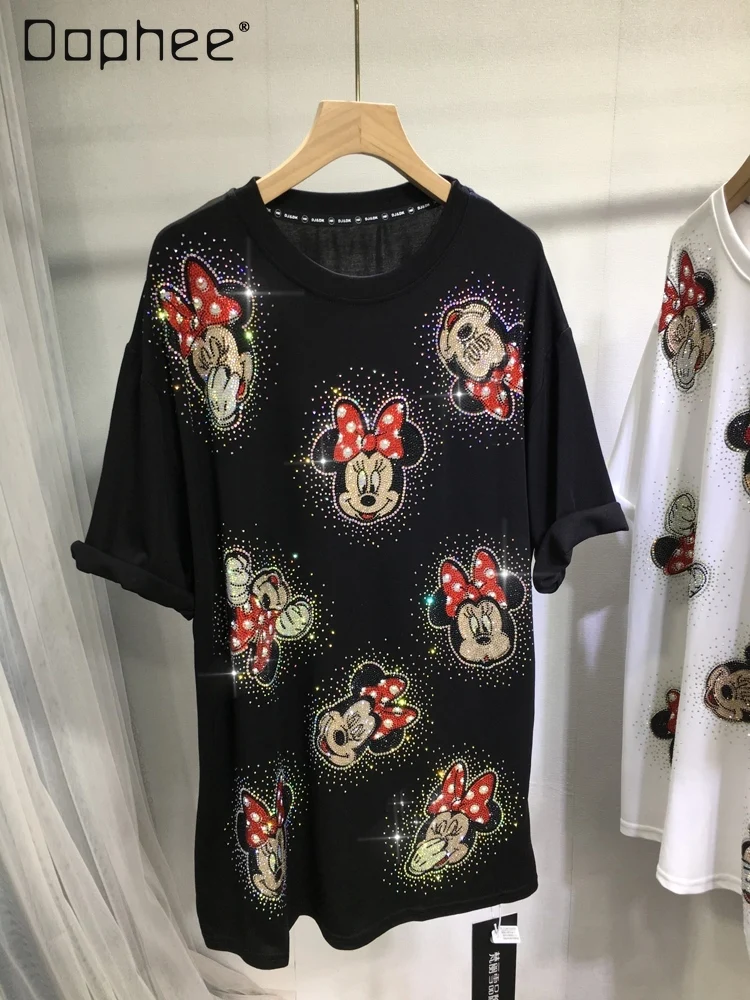 european-goods-cute-cartoon-hot-drilling-t-shirt-women-round-neck-short-sleeve-loose-mid-length-top-2024-summer-casual-t-shirt