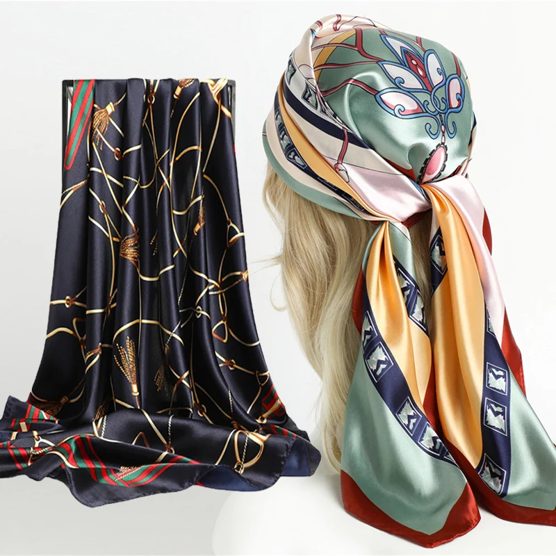 

New Headband Retro Neckerchief Female Silk Shawl Satin Square Scarf For Women Print Foulard Hijab Wraps Hair Bands Bandana 2022