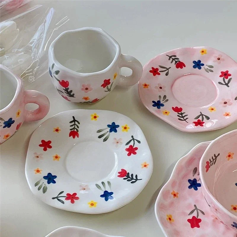 Hand-painted Ceramic Cup Saucer Dishes Irregular Dinner Plates Kitchen Household Flora Pattern Creative Gift