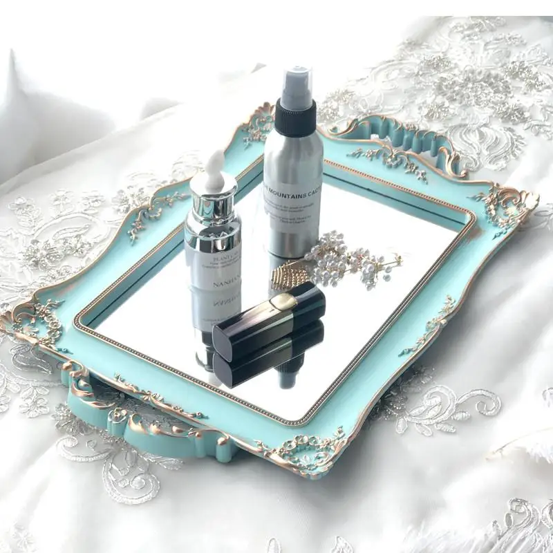 

Домашний декор, овальный поднос для хранения в скандинавском стиле, голубое зеркало в стиле ретро, товары для ухода за кожей, блюдо для хранения ювелирных изделий, бытовой поднос для чая тусклого сечения