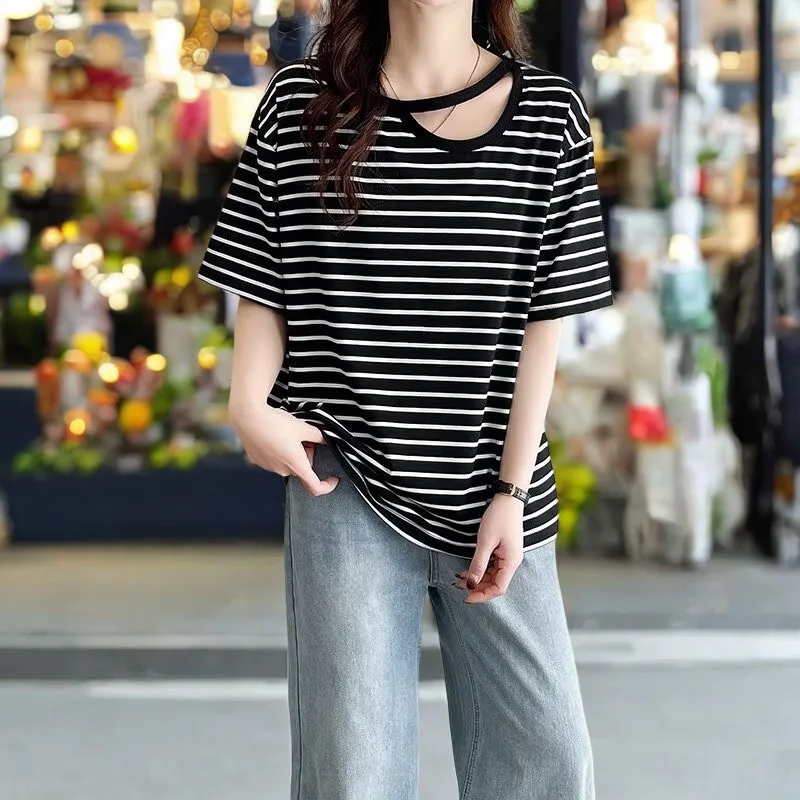 Summer Top New 100kg Retro Casual Hollow Striped Short Sleeve Tees Plus Size Women's Classic T-Shirt 312