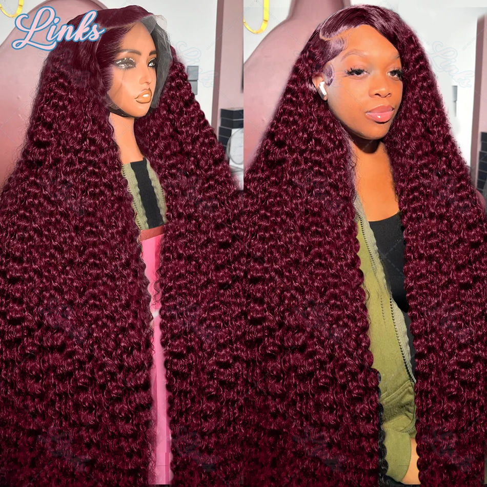 99J Burgundy Deep Wave 13x4 13x6 HD Transparent Lace Frontal Wigs Remy Water Curly 30 32 Inch for Women