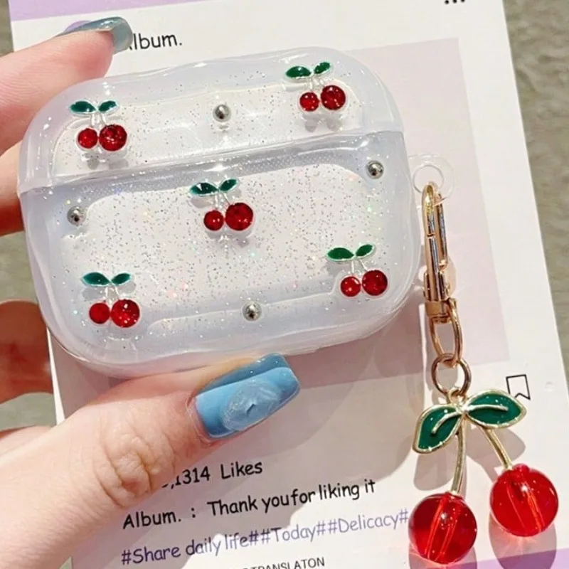 Clear Glitter Earphone Case for AirPods with Cherry Charm