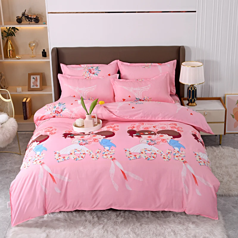 

Valentine's Day Cartoon Print Reversible Duvet Cover Set King Queen Size Wedding Decor Bedding Set Polyester Pink Quilt Cover