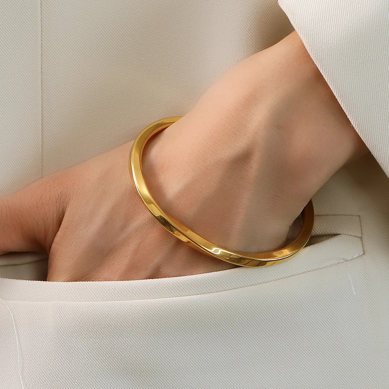 Minimalist Polished Twisted Bangle Opening Stainless Steel Waterproof Rust Proof Women's Bracelet Birthday Gifts Punk Jewelry